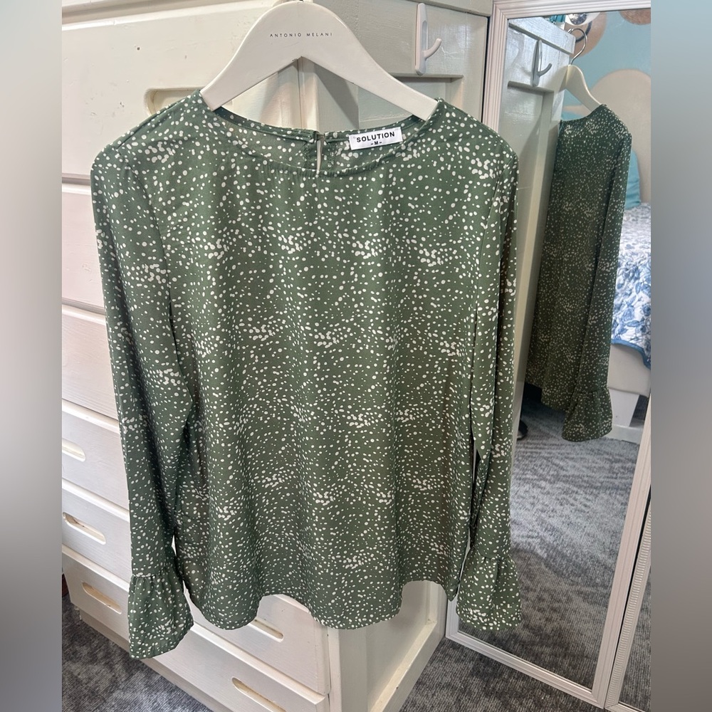 Green Patterned Speckled Long Sleeve Ruffle Cuffs Spring Blouse✨